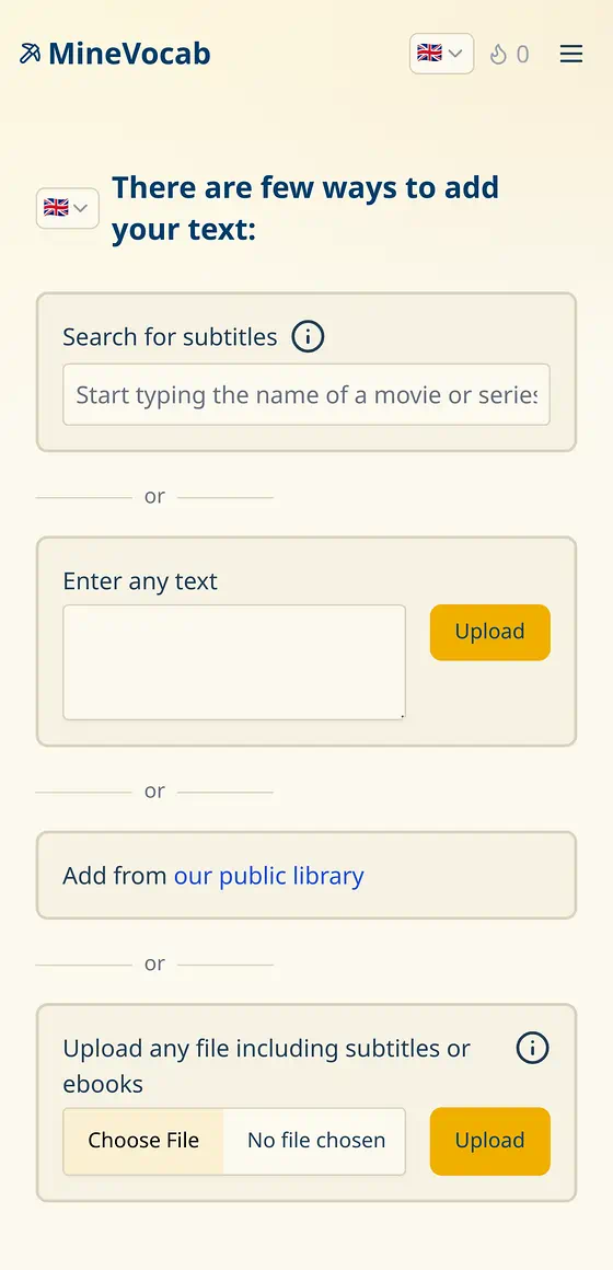 Add what you actually watch or read — subtitles, a book, an article, or a text from our public library