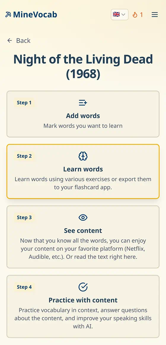 MineVocab turns it into a four-step plan: mine the words, learn them, then enjoy the content without interruptions