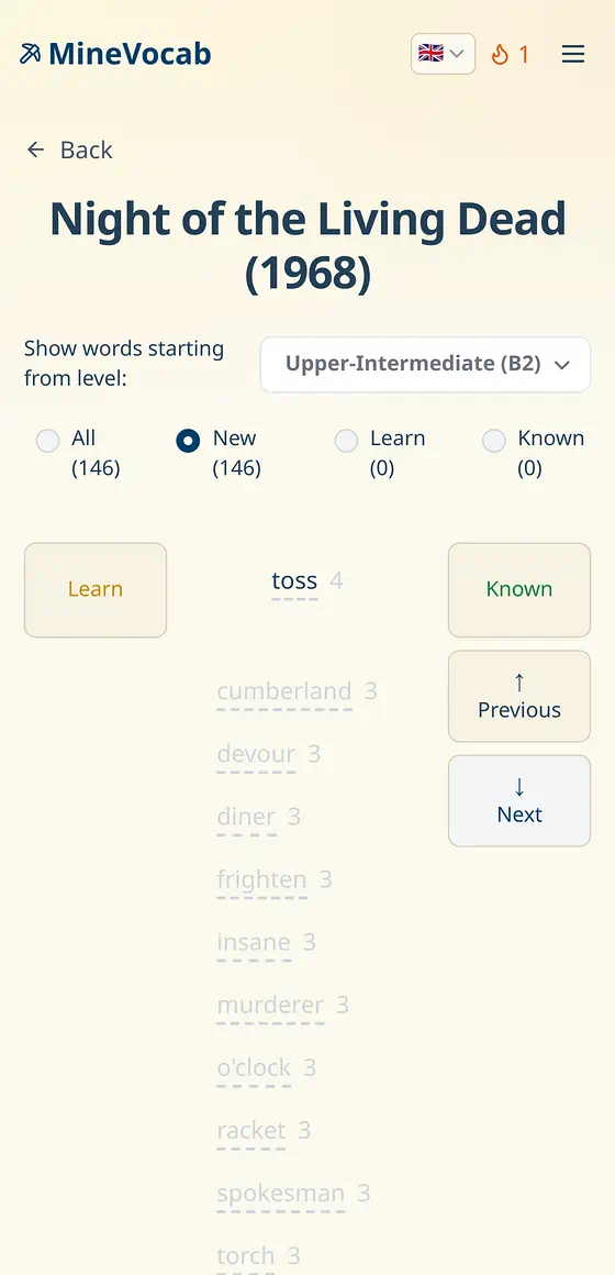 Go through the word list at your level and keep only the words you don't know — one tap each