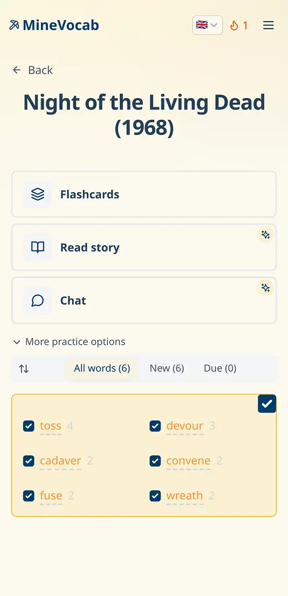 Practice exactly those words: flashcards, an AI story, or a chat about the text